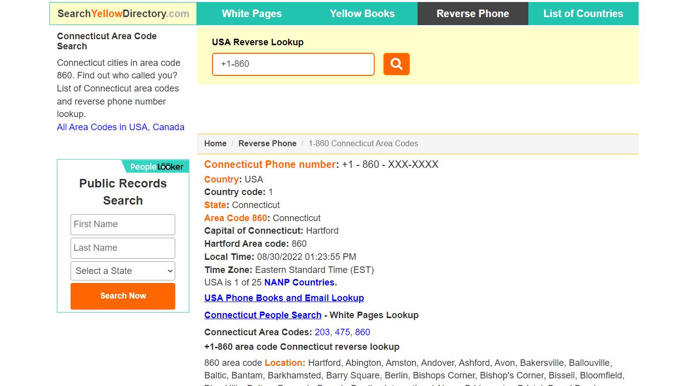Connecticut Area Code 860 Reverse Phone Number Lookup